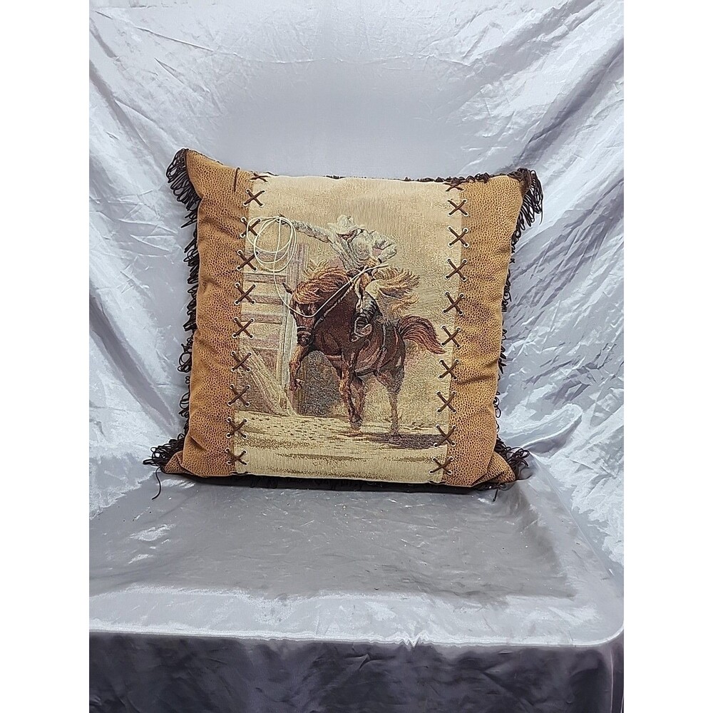Cowboy On bronco Western Tapestry/Faux Leather Couch Fringed Accent Pillow 22x22